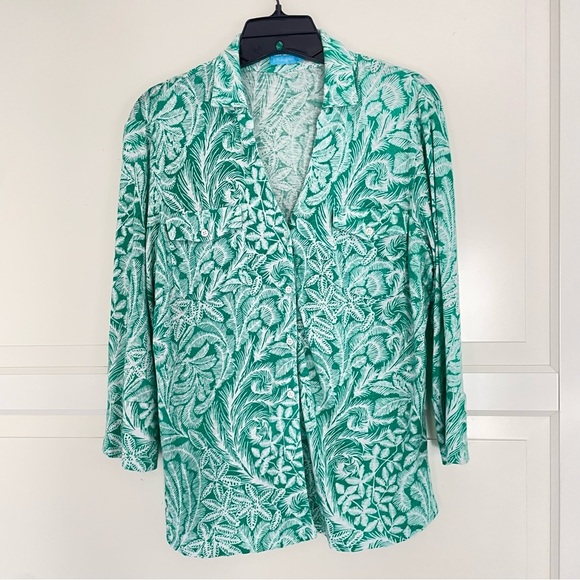 J. McLaughlin Tropical Linen Button 3/4 Sleeve Top Green Size L 26551 - Picture 1 of 7